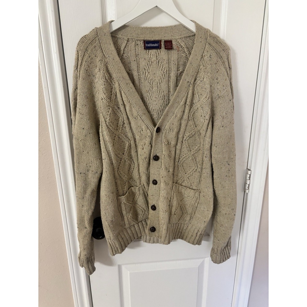 VTG Traditionalist Cable Knit Cardigan Grandpa Sweater Tan Flecked Wool Blend L